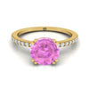 14K สีเหลืองทอง Round Brilliant Pink Sapphire Simple French Pave Double Claw PRONG แหวนหมั้นเพชร -1/6ctw