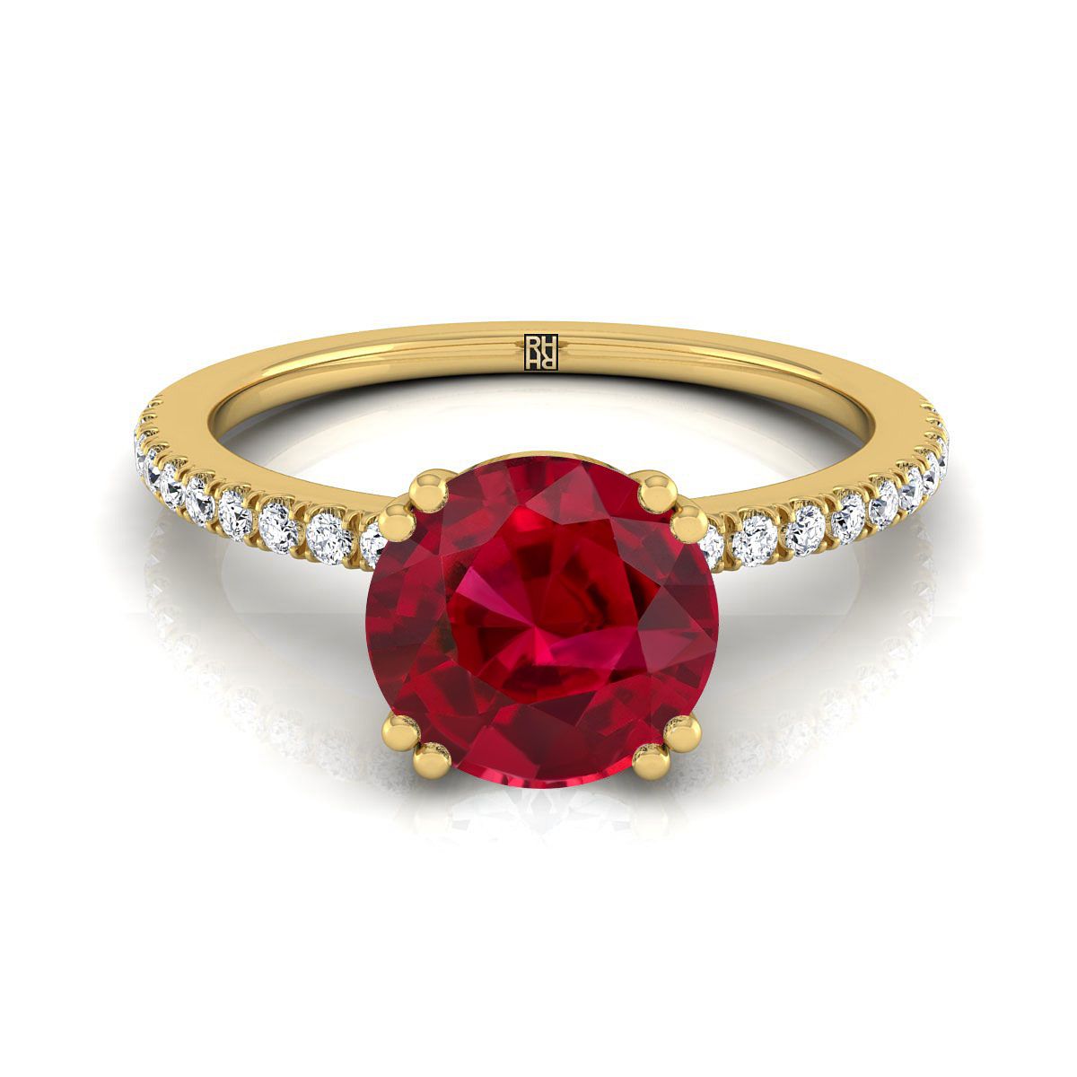 18K สีเหลืองทอง Round Brilliant Ruby Simple French Pave Double Claw PRONG แหวนหมั้นเพชร -1/6ctw