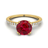 14K สีเหลืองทอง Round Brilliant Ruby Simple French Pave Double Claw PRONG แหวนหมั้นเพชร -1/6ctw