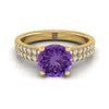 14K Yellow Gold Round Brilliant Amethyst Double Pave Diamond Row Engagement Ring -1/4ctw