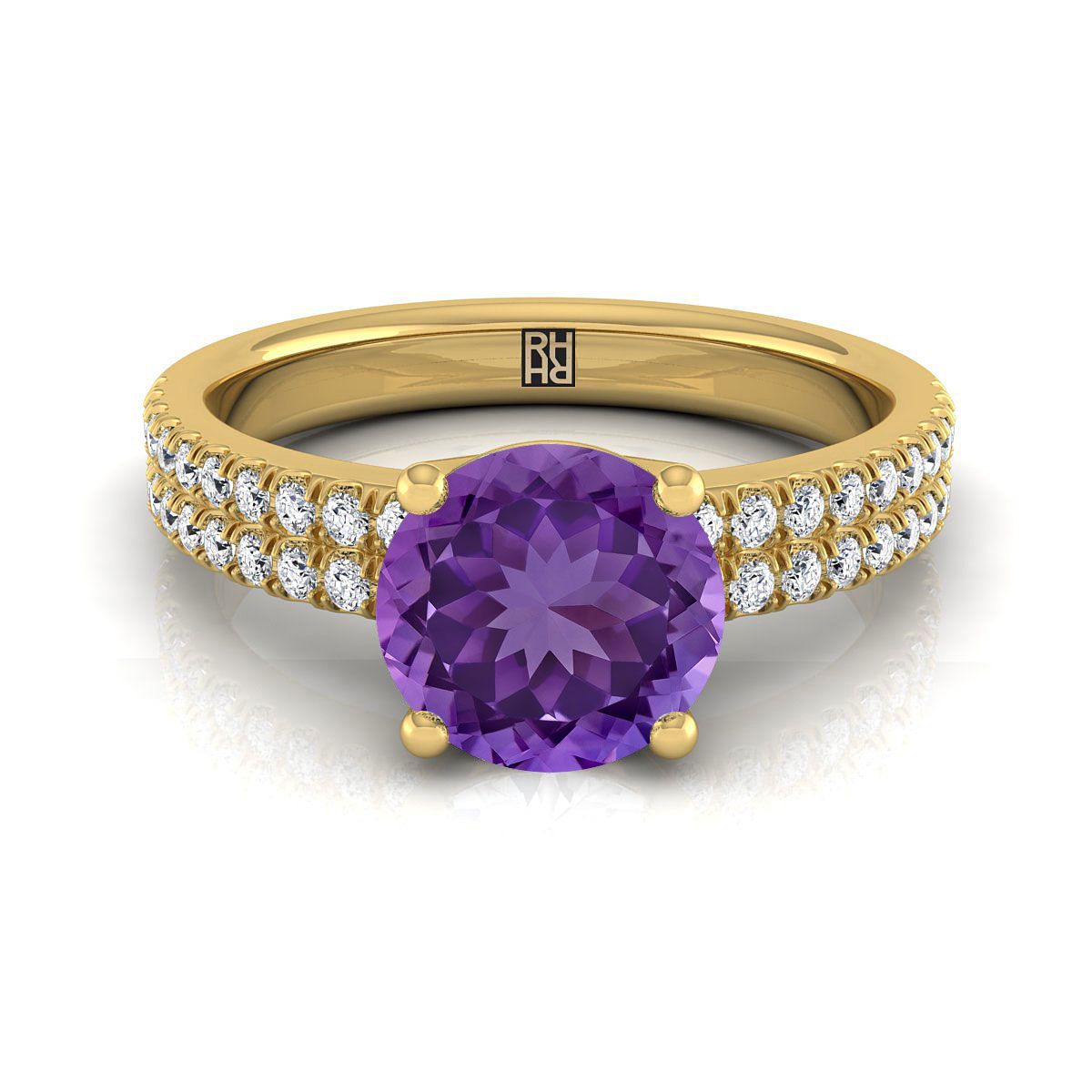 18K Yellow Gold Round Brilliant Amethyst Double Pave Diamond Row Engagement Ring -1/4ctw