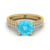 18K สีเหลืองทอง Round Brilliant Swiss Blue Topaz Double Pave Diamond Row แหวนหมั้น -1/4ctw