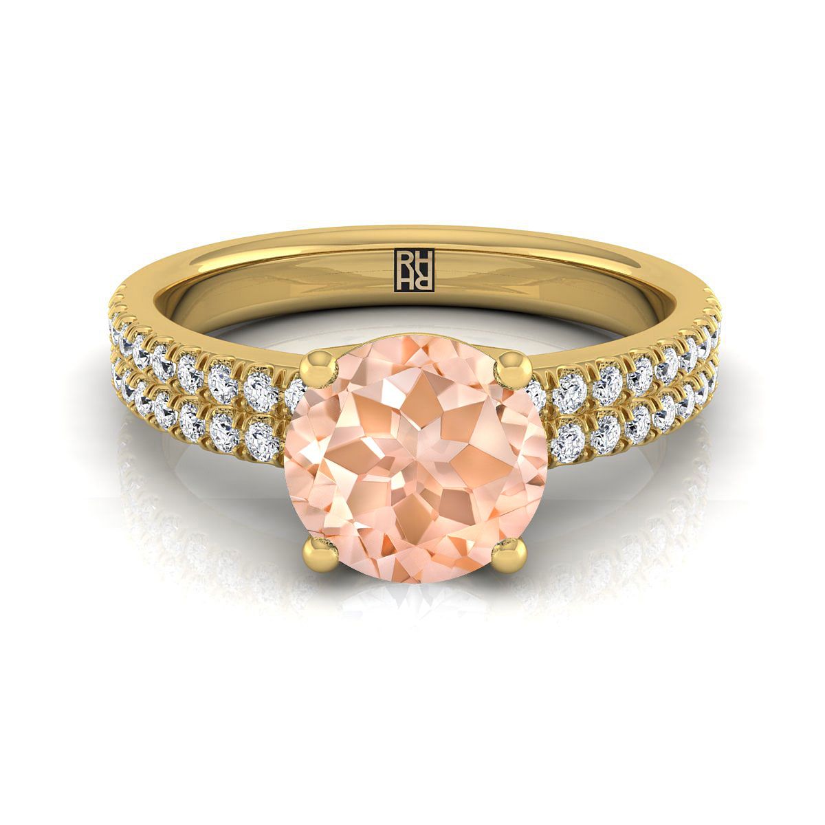 แหวนหมั้นเพชรแถว Morganite ทรงกลมสดใส 18K สีเหลืองทอง -1/4ctw