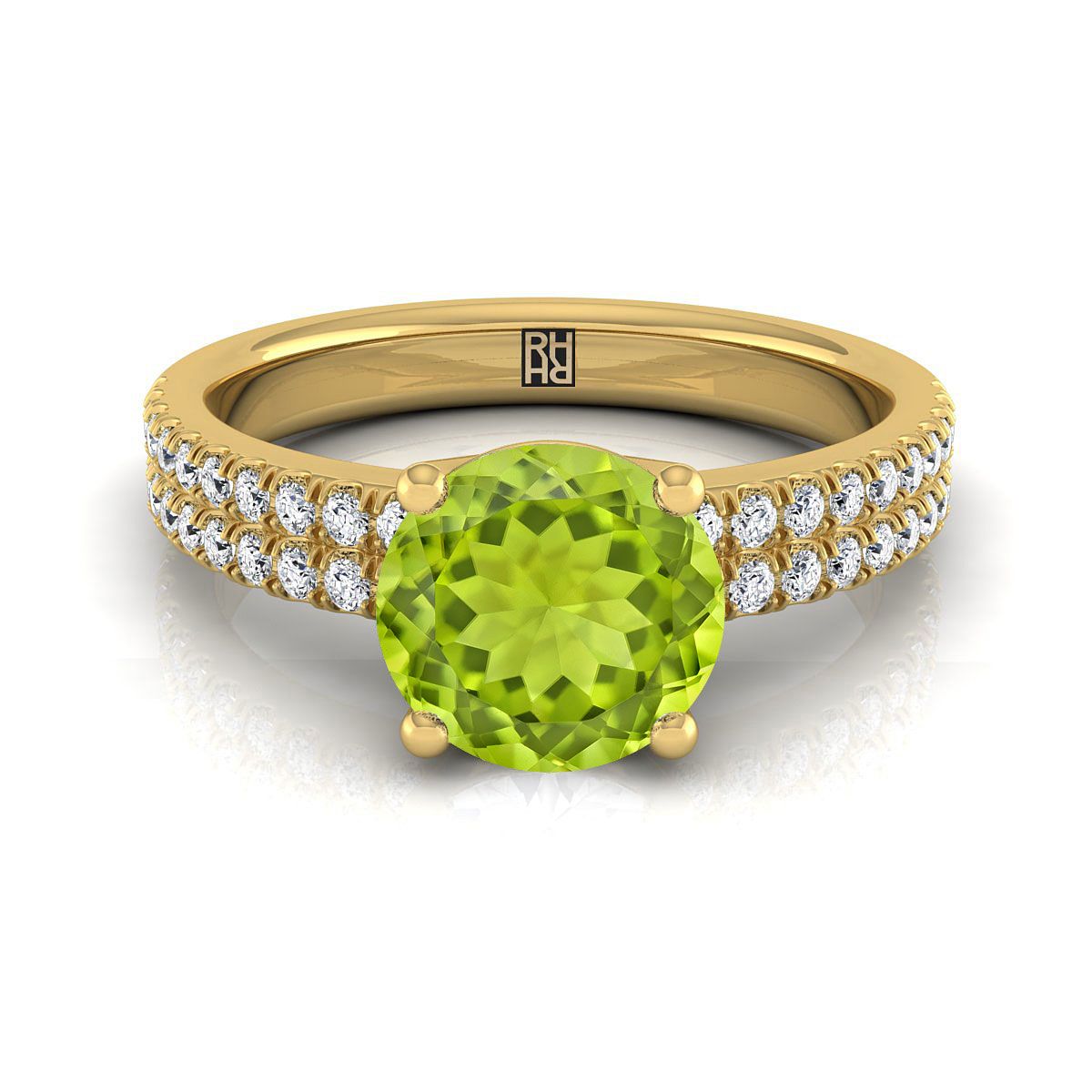 แหวนหมั้นเพชรแถว Peridot ทรงกลมสีเหลืองทอง 14K แวววาว -1/4ctw