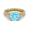 18K สีเหลืองทอง Round Brilliant Aquamarine สองแถว Double Prong French Pave แหวนหมั้นเพชร -1/6ctw