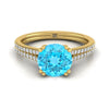 14K สีเหลืองทอง Round Brilliant Swiss Blue Topaz สองแถว Double Prong French Pave แหวนหมั้นเพชร -1/6ctw