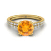 14K สีเหลืองทอง Round Brilliant Citrine สองแถว Double Prong French Pave แหวนหมั้นเพชร -1/6ctw