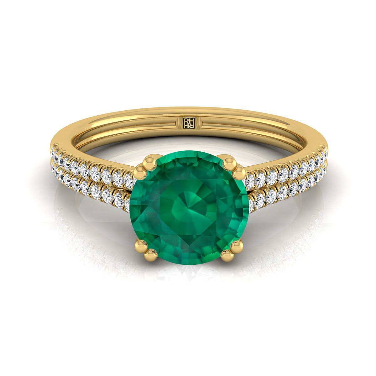 18K สีเหลืองทอง Round Brilliant Emerald สองแถว Double Prong French Pave แหวนหมั้นเพชร -1/6ctw