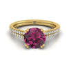 14K สีเหลืองทอง Round Brilliant Garnet สองแถว Double Prong French Pave แหวนหมั้นเพชร -1/6ctw