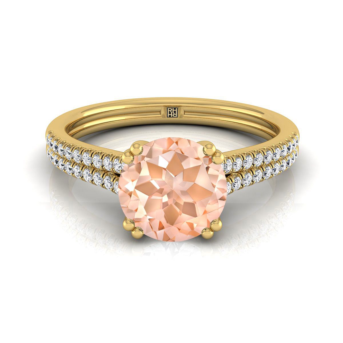 18K สีเหลืองทอง Round Brilliant Morganite สองแถว Double Prong French Pave แหวนหมั้นเพชร -1/6ctw