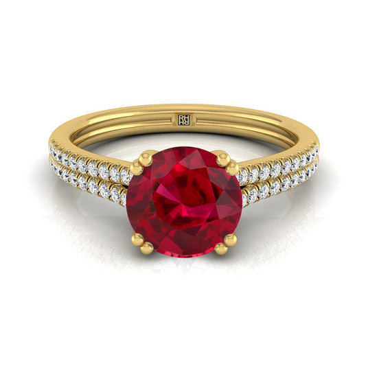 18K สีเหลืองทอง Round Brilliant Ruby สองแถว Double Prong French Pave แหวนหมั้นเพชร -1/6ctw