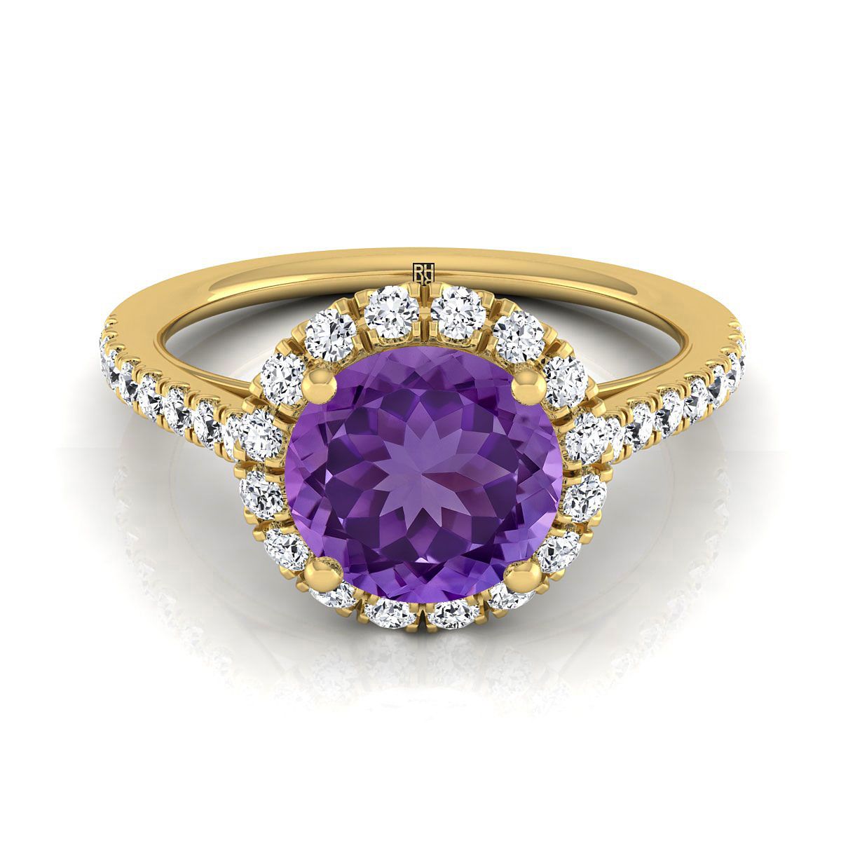 18K สีเหลืองทอง Round Brilliant Amethyst Petite Halo แหวนหมั้นเพชรฝรั่งเศส Pave -3/8ctw