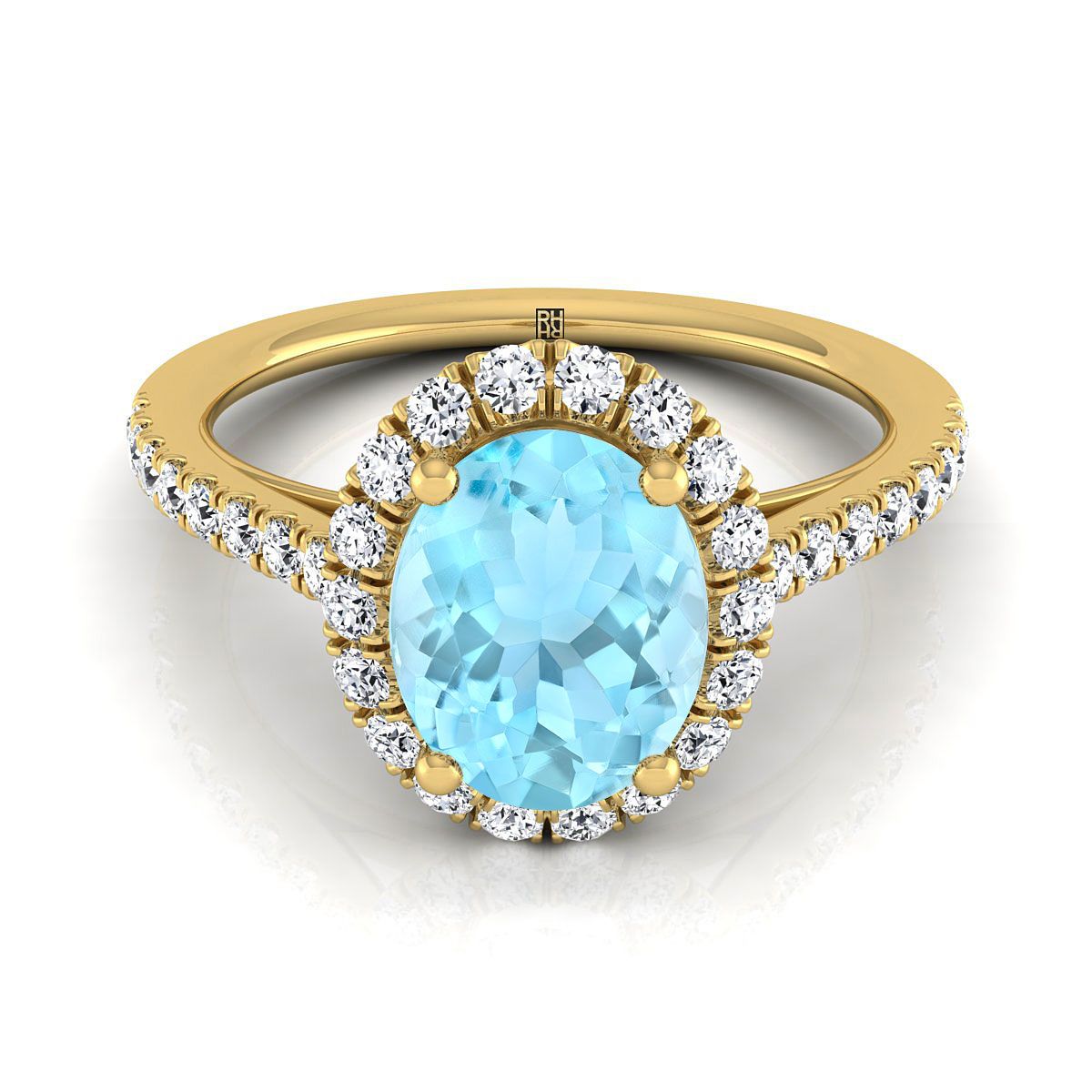 แหวนหมั้นเพชร Pave ฝรั่งเศส 14K สีเหลืองทอง Aquamarine Petite Halo -3/8ctw