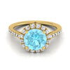 18K สีเหลืองทอง Round Brilliant Aquamarine Petite Halo แหวนหมั้นเพชรฝรั่งเศส Pave -3/8ctw