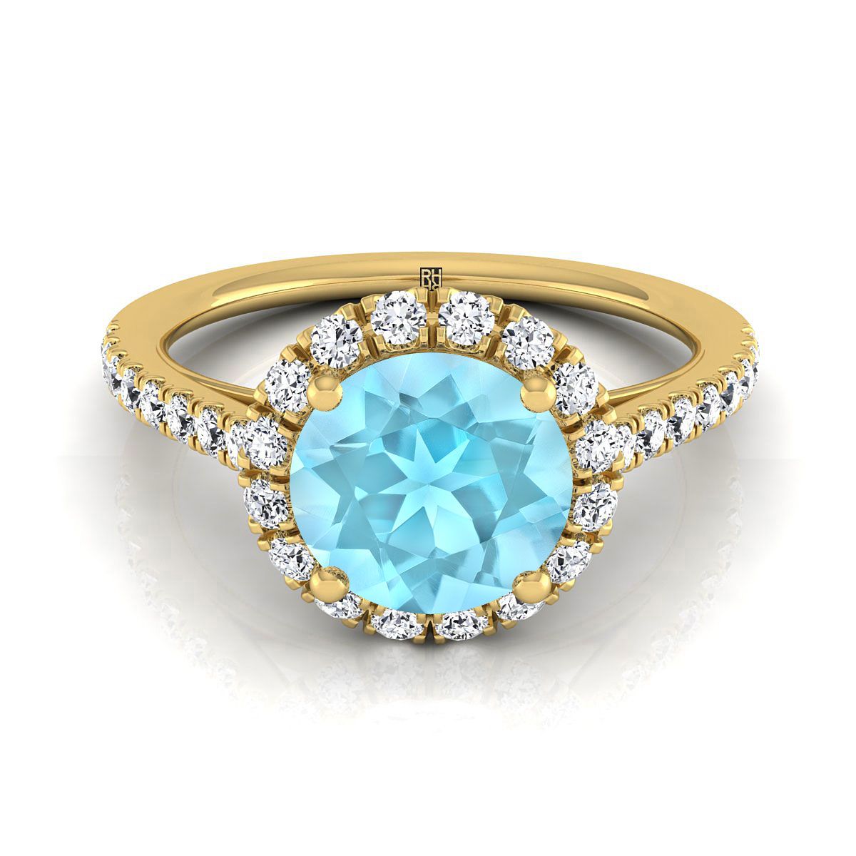 14K สีเหลืองทอง Round Brilliant Aquamarine Petite Halo แหวนหมั้นเพชรฝรั่งเศส Pave -3/8ctw