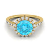 18K สีเหลืองทอง Round Brilliant Swiss Blue Topaz Petite Halo ภาษาฝรั่งเศสคำเพชร Pave แหวนหมั้น -3/8ctw