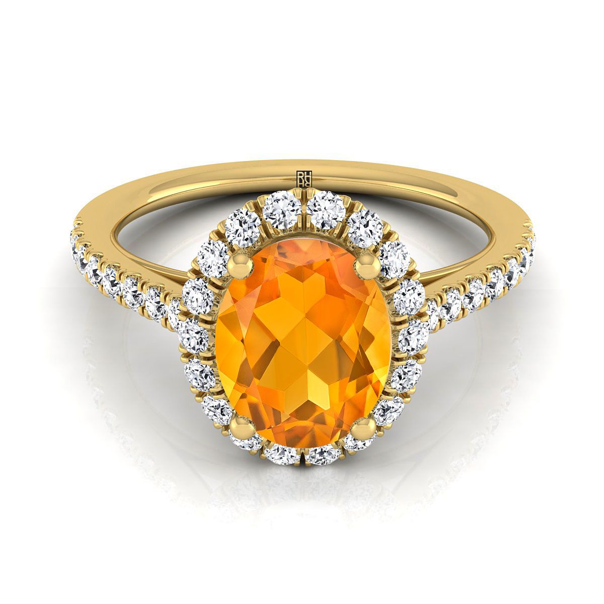 แหวนหมั้นเพชร Pave ฝรั่งเศส 14K สีเหลืองทองรูปไข่ Citrine Petite Halo -3/8ctw
