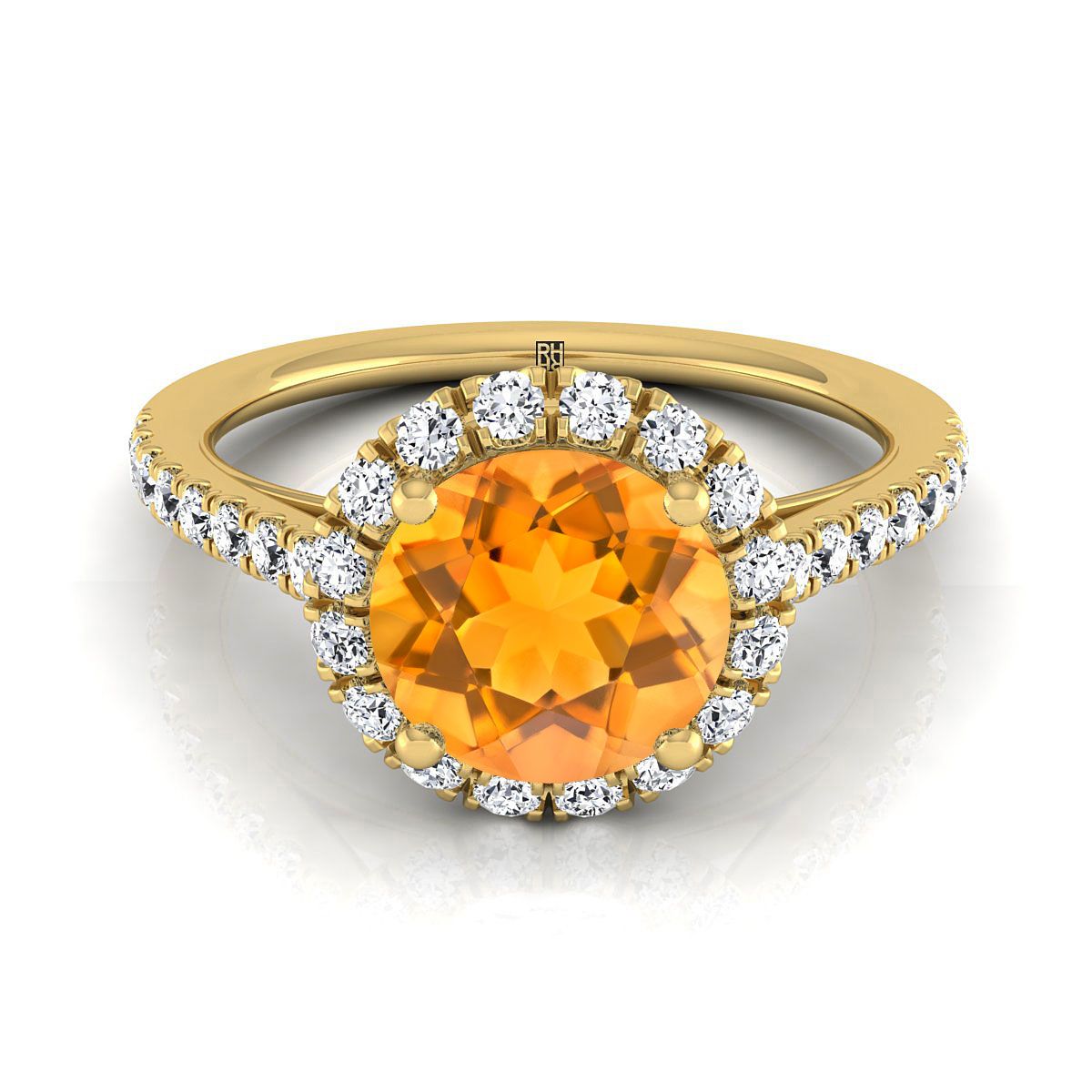 18K Yellow Gold Round Brilliant Citrine Petite Halo French Diamond Pave Engagement Ring -3/8ctw