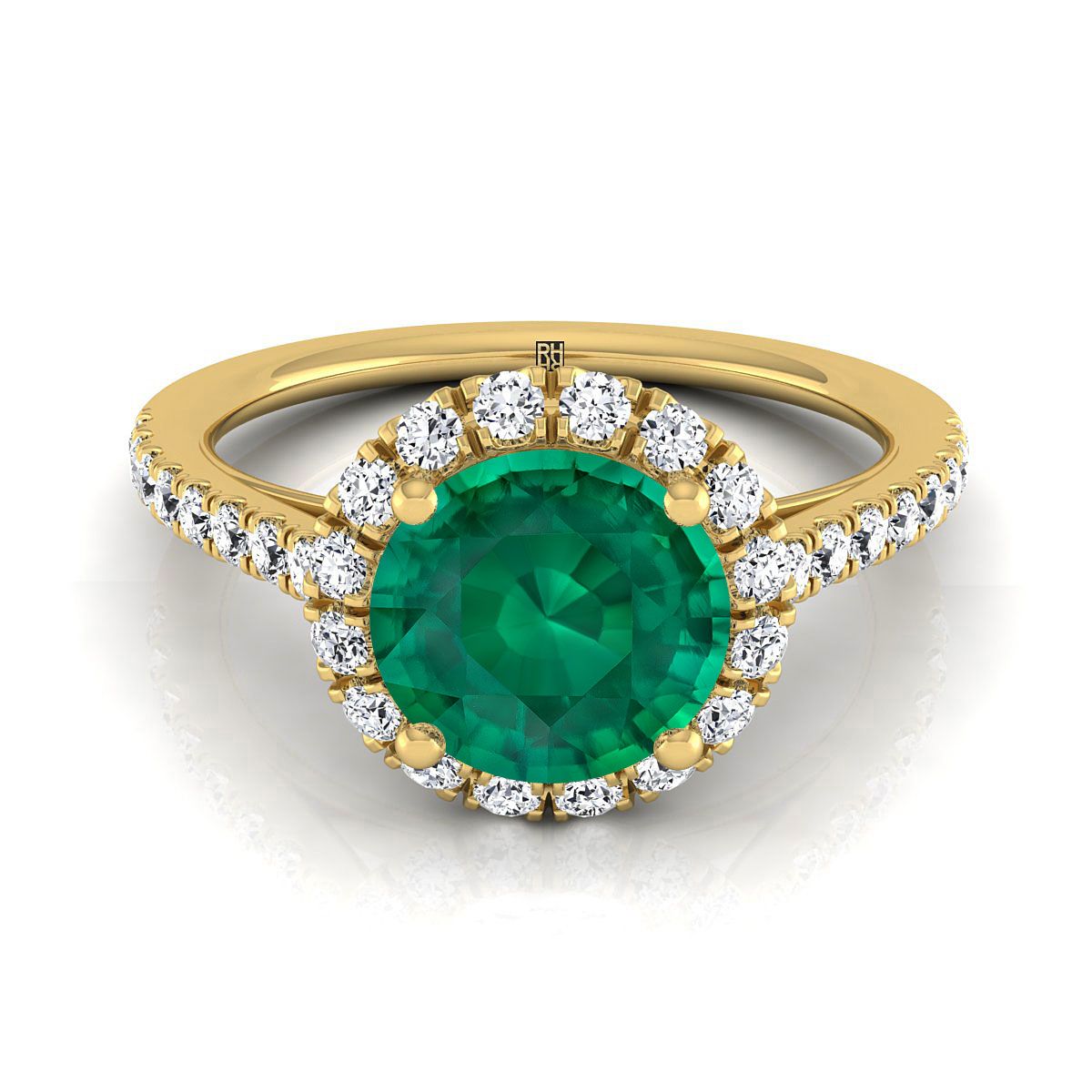 14K สีเหลืองทอง Round Brilliant Emerald Petite Halo แหวนหมั้นเพชรฝรั่งเศส Pave -3/8ctw