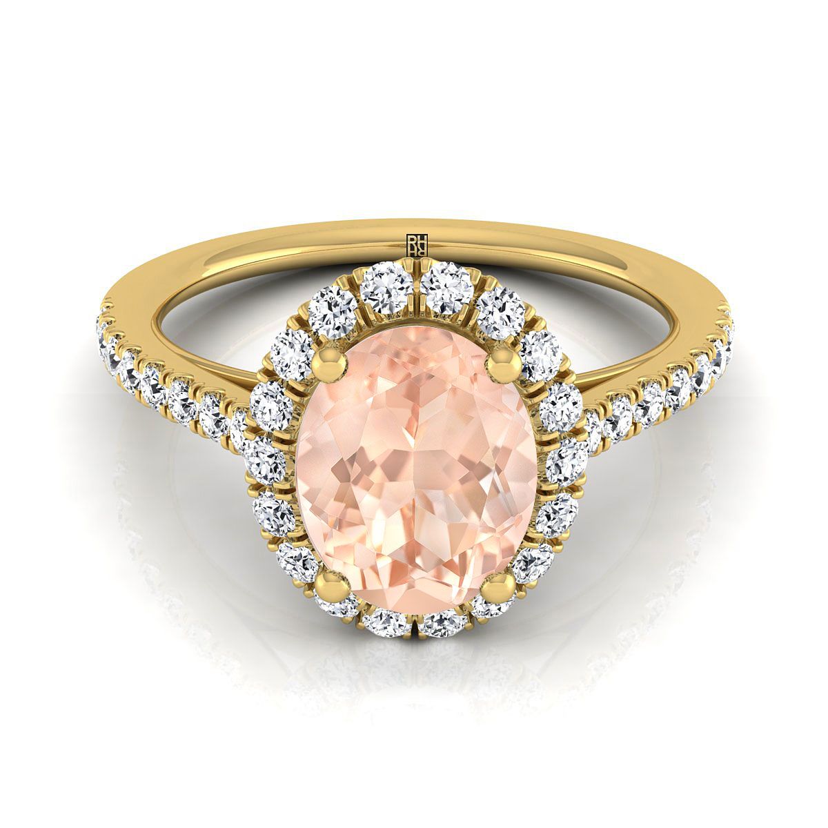 แหวนหมั้นเพชร Pave รูปไข่ Morganite Petite Halo 18K สีเหลืองทอง -3/8ctw