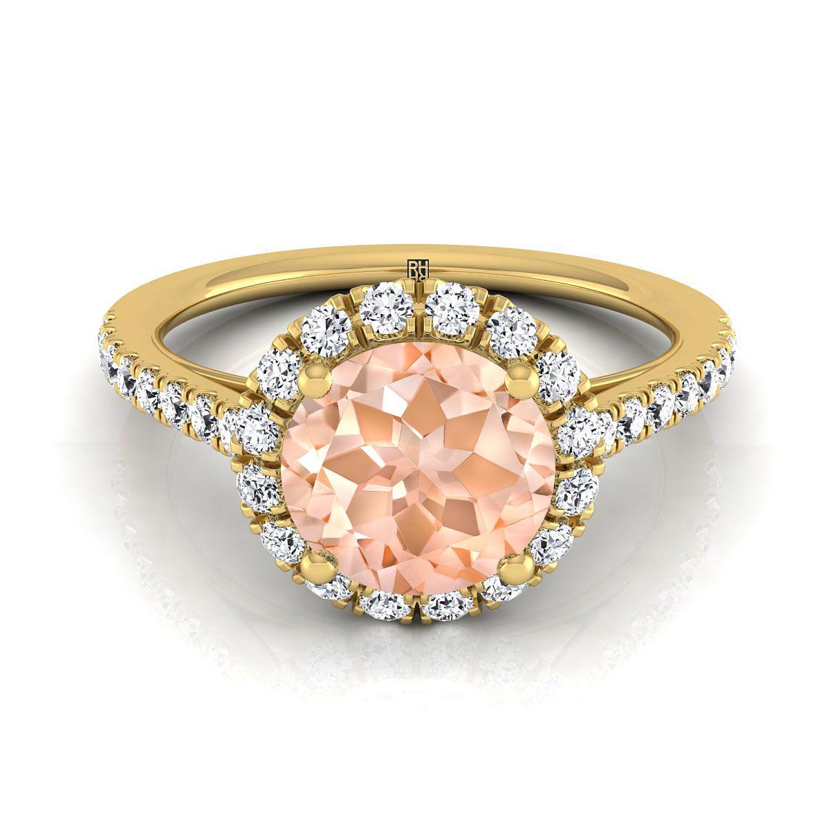 18K สีเหลืองทอง Round Brilliant Morganite Petite Halo แหวนหมั้นเพชรฝรั่งเศส Pave -3/8ctw