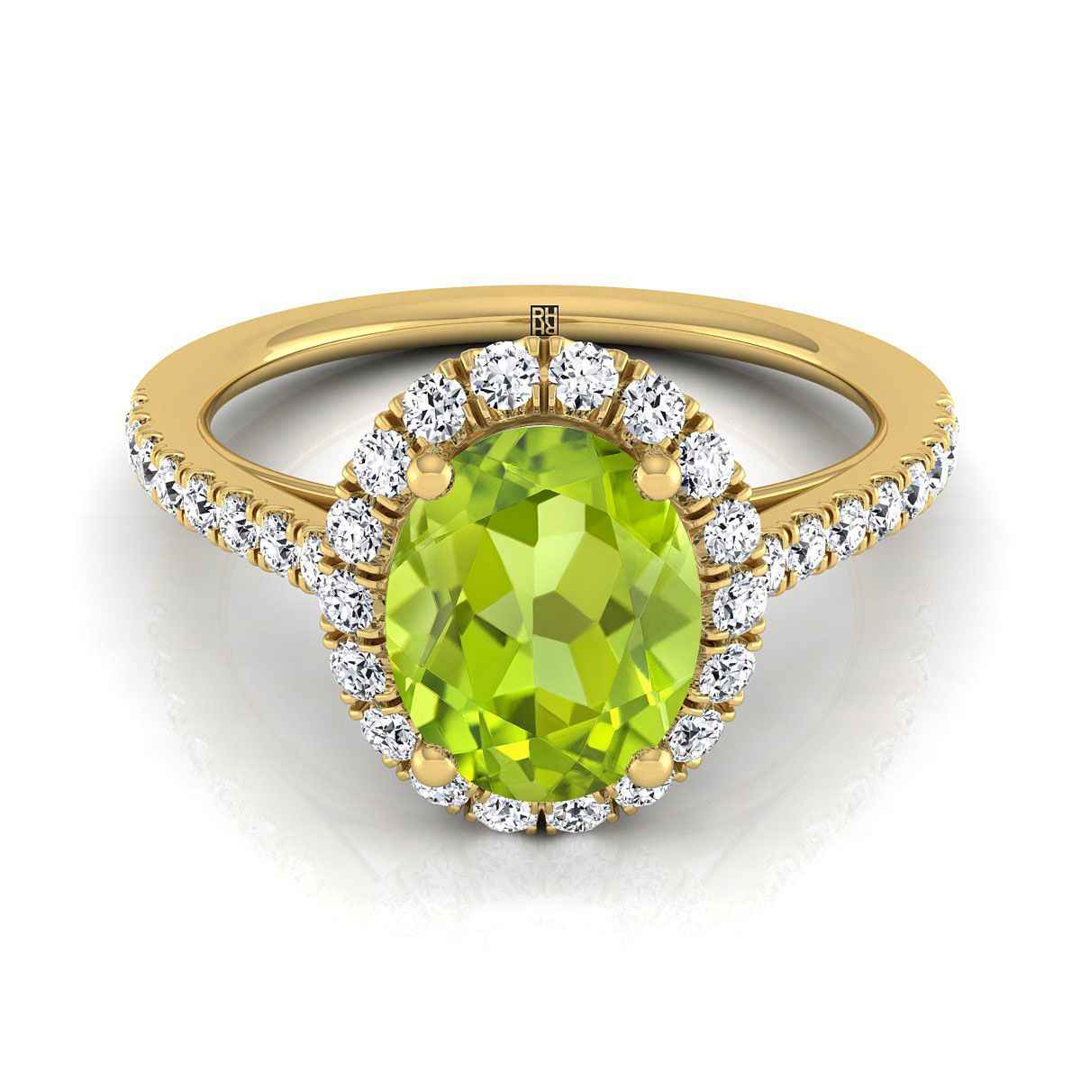 แหวนหมั้นเพชร Pave ฝรั่งเศส 14K สีเหลืองทอง Peridot Petite Halo -3/8ctw