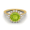 18K สีเหลืองทอง Round Brilliant Peridot Petite Halo แหวนหมั้นเพชรฝรั่งเศส Pave -3/8ctw