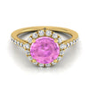 14K สีเหลืองทองรอบ Brilliant Pink Sapphire Petite Halo เพชรฝรั่งเศส Pave แหวนหมั้น -3/8ctw