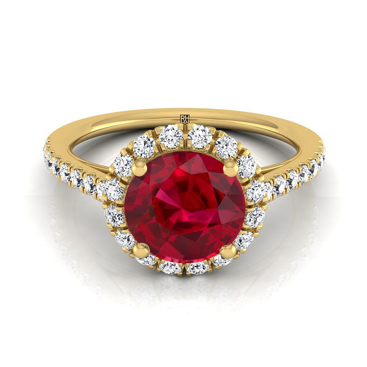 18K สีเหลืองทอง Round Brilliant Ruby Petite Halo แหวนหมั้นเพชรฝรั่งเศส Pave -3/8ctw