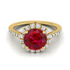 14K สีเหลืองทอง Round Brilliant Ruby Petite Halo French Diamond Pave แหวนหมั้น -3/8ctw