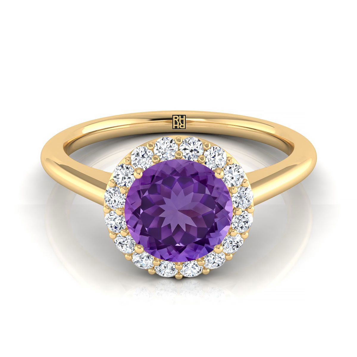 18K สีเหลืองทอง Round Brilliant Amethyst Shared Prong Diamond Halo แหวนหมั้น -1/5ctw