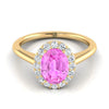 18K Yellow Gold Oval Pink Sapphire Shared Prong Diamond Halo Engagement Ring -1/5ctw