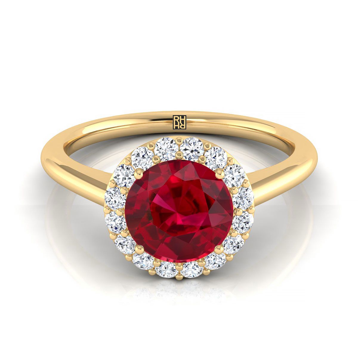 18K Yellow Gold Round Brilliant Ruby Shared Prong Diamond Halo Engagement Ring -1/5ctw