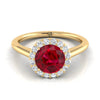 14K สีเหลืองทอง Round Brilliant Ruby Shared Prong Diamond Halo แหวนหมั้น -1/5ctw