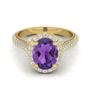 14K สีเหลืองทองรูปไข่ Amethyst Micro-Pavé Halo พร้อมแหวนหมั้นเพชรด้านข้างปู -7/8ctw