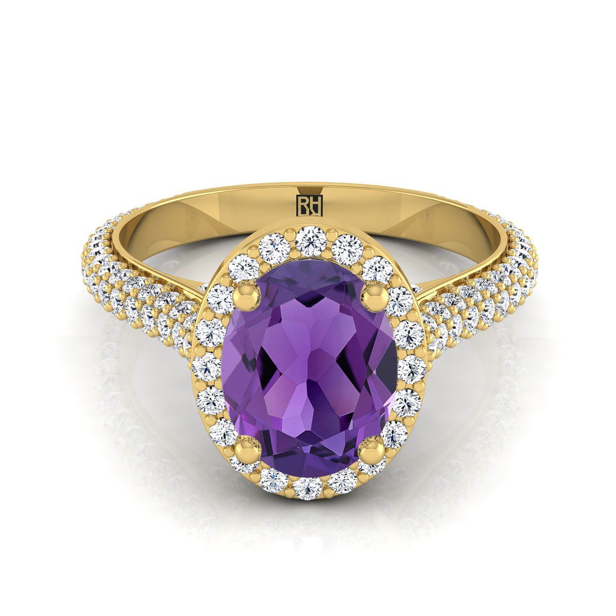 18K สีเหลืองทองรูปไข่ Amethyst Micro-Pavé Halo พร้อมแหวนหมั้นเพชรด้านข้างปู -7/8ctw