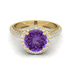 18K สีเหลืองทอง Round Brilliant Amethyst Micro-Pavé Halo พร้อมแหวนหมั้นเพชรด้านข้างปู -7/8ctw