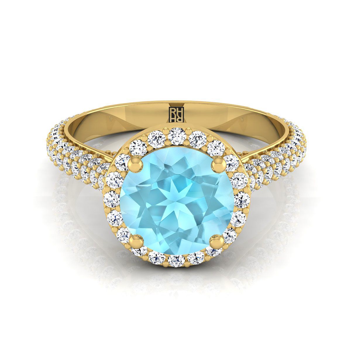 14K สีเหลืองทอง Round Brilliant Aquamarine Micro-Pavé Halo พร้อมแหวนหมั้นเพชรด้านข้างปู -7/8ctw