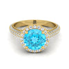 14K สีเหลืองทอง Round Brilliant Swiss Blue Topaz Micro-Pavé Halo พร้อมแหวนหมั้นเพชรด้านข้างปู -7/8ctw