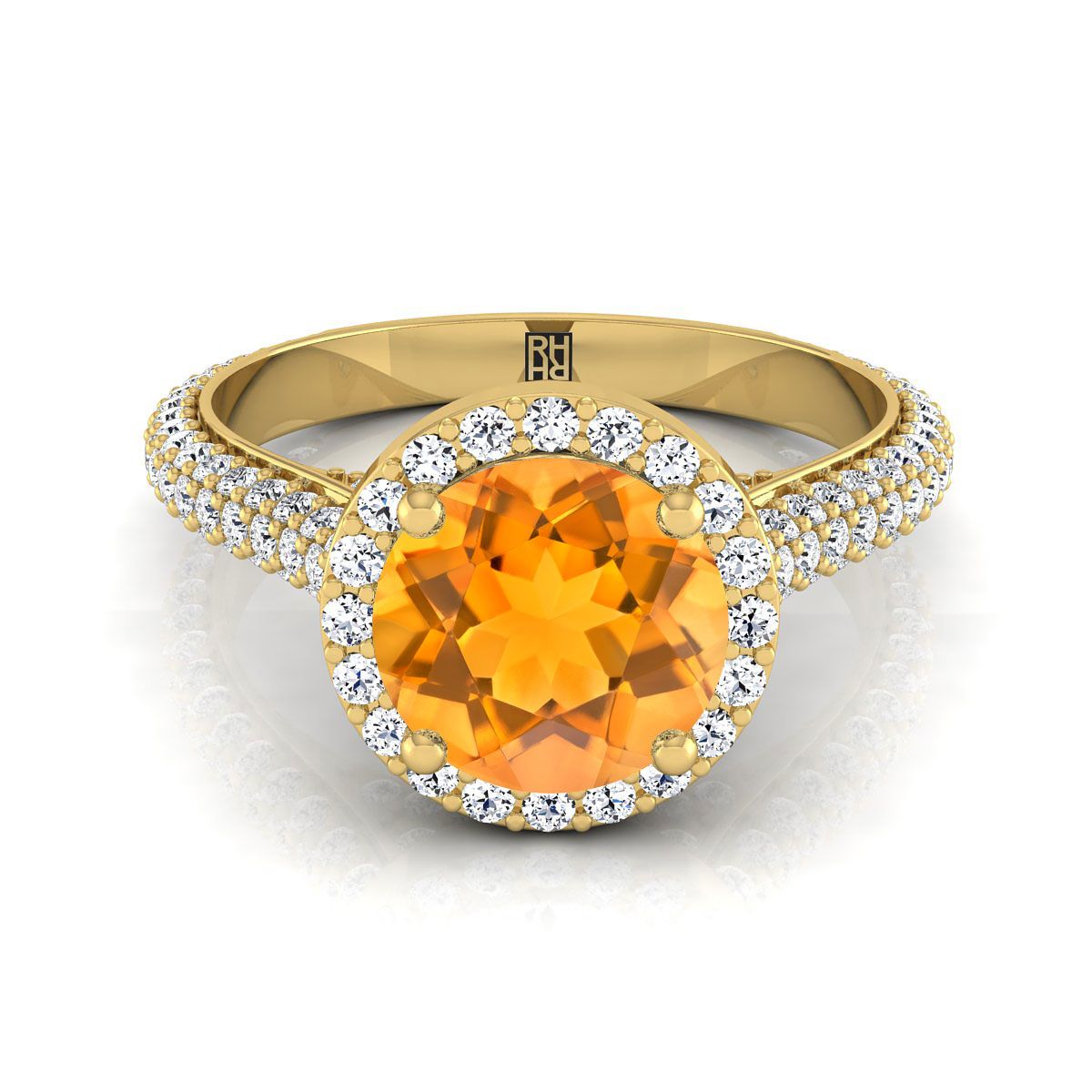 18K สีเหลืองทอง Round Brilliant Citrine Micro-Pavé Halo พร้อมแหวนหมั้นเพชรด้านข้างปู -7/8ctw