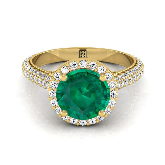 18K สีเหลืองทอง Round Brilliant Emerald Micro-Pavé Halo พร้อมแหวนหมั้นเพชรด้านข้างปู -7/8ctw