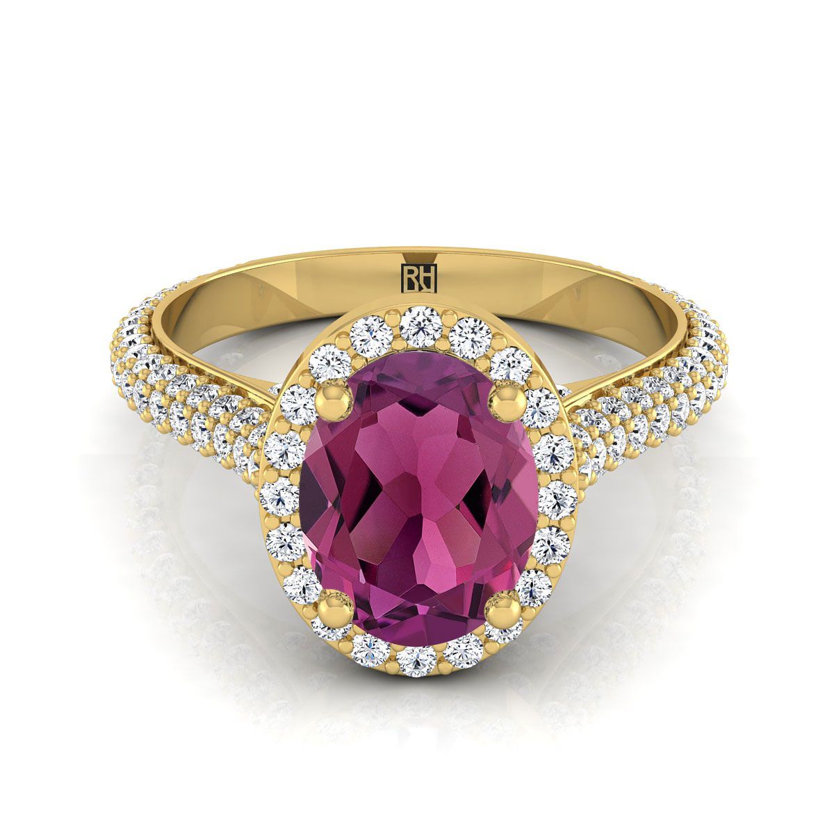 14K Yellow Gold Oval Garnet Micro-Pavé Halo With Pave Side Diamond Engagement Ring -7/8ctw