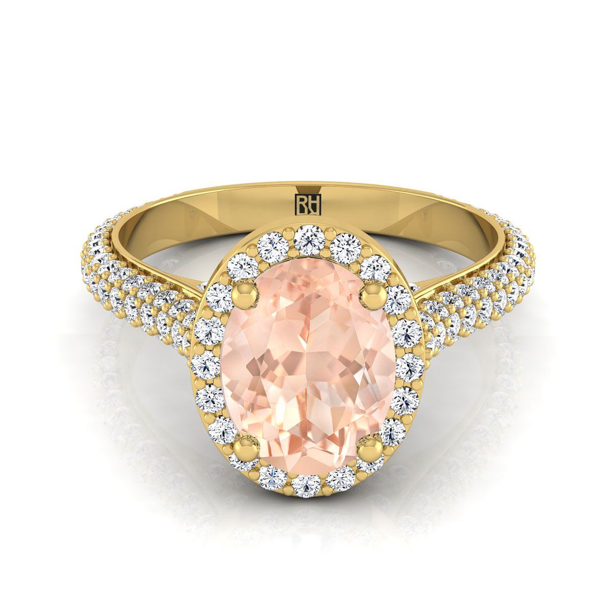 14K สีเหลืองทองรูปไข่ Morganite Micro-Pavé Halo พร้อมแหวนหมั้นเพชรด้านข้างปู -7/8ctw