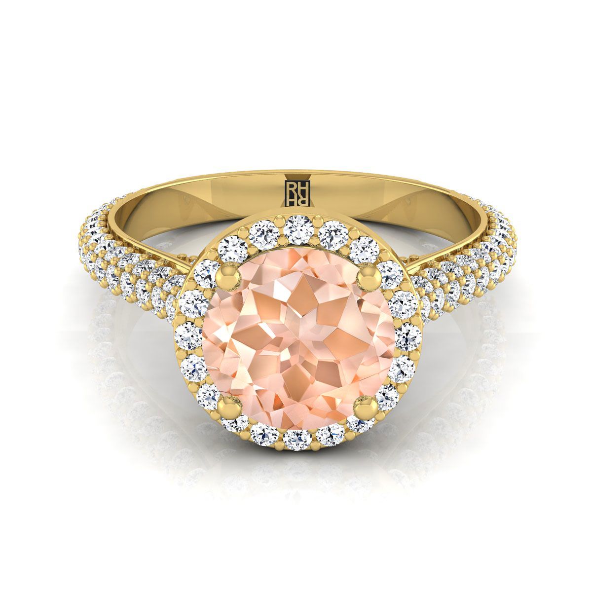 14K สีเหลืองทอง Round Brilliant Morganite Micro-Pavé Halo พร้อมแหวนหมั้นเพชรด้านข้างปู -7/8ctw