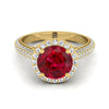 14K สีเหลืองทอง Round Brilliant Ruby Micro-Pavé Halo พร้อมแหวนหมั้นเพชรด้านข้างปู -7/8ctw