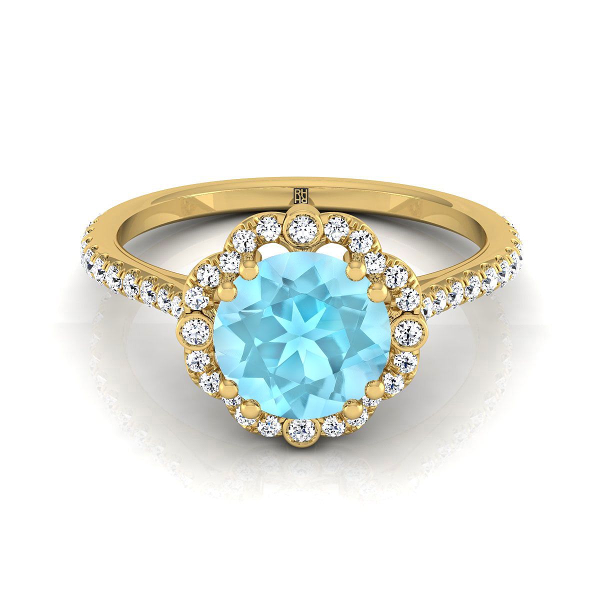 18K Yellow Gold Round Brilliant Aquamarine Ornate Diamond Halo Vintage Inspired Engagement Ring -1/4ctw