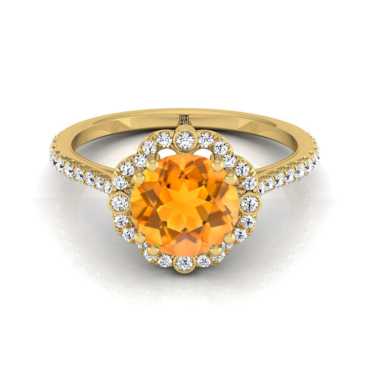 14K สีเหลืองทอง Round Brilliant Citrine Ornate Diamond Halo Vintage Inspired Engagement Ring -1/4ctw