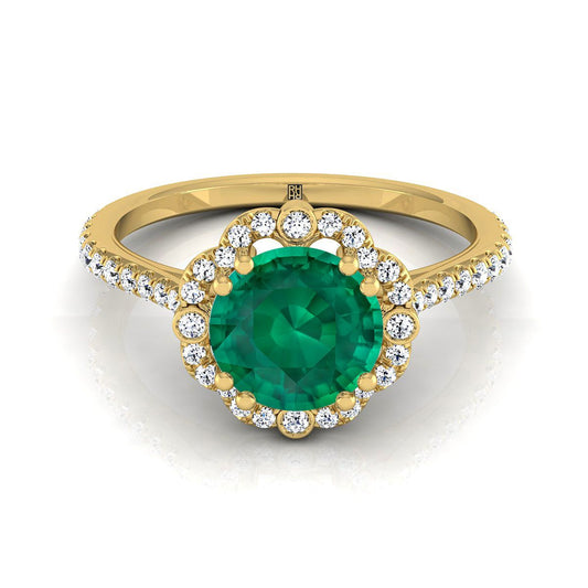 14K สีเหลืองทอง Round Brilliant Emerald Ornate Diamond Halo Vintage แรงบันดาลใจแหวนหมั้น -1/4ctw