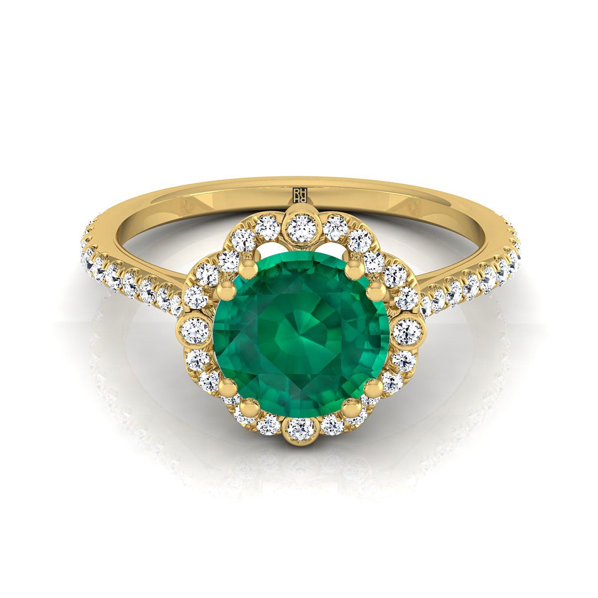 18K สีเหลืองทอง Round Brilliant Emerald Ornate Diamond Halo Vintage แรงบันดาลใจแหวนหมั้น -1/4ctw