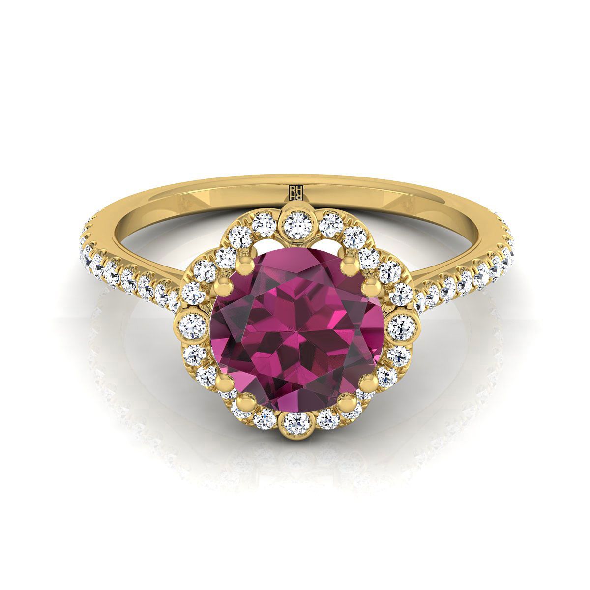 18K Yellow Gold Round Brilliant Antique Delicate Beaded Floral Halo and Leaf Engagement Ring -3/8ctw